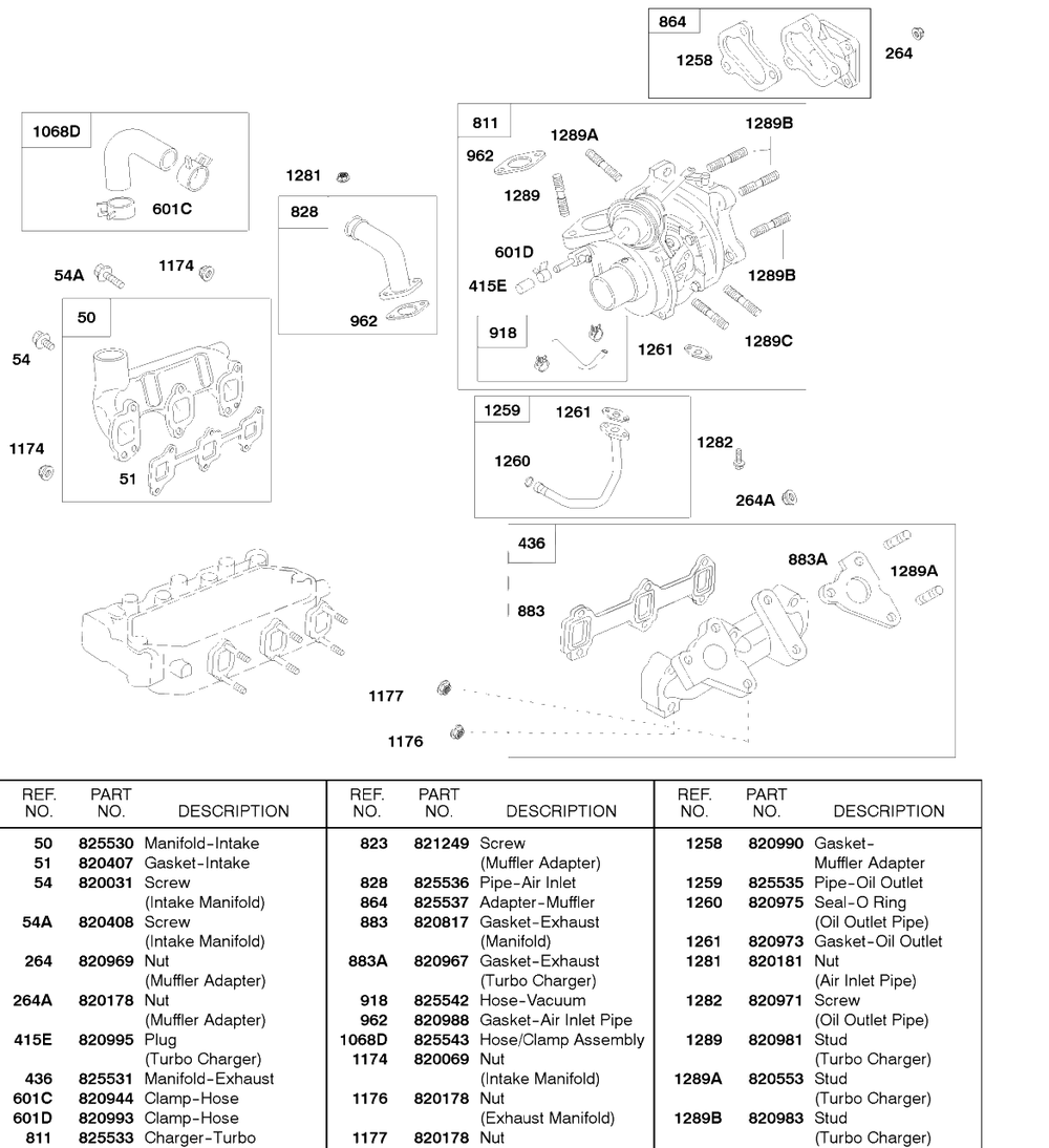 Turbo Charger, Intake Manifold, Exhaust Manifold Diagram and Parts List for 58A447-0234-XX  Briggs and Stratton Engine
